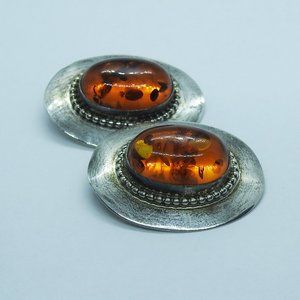 Massive Sterling Baltic Amber Clip Earrings